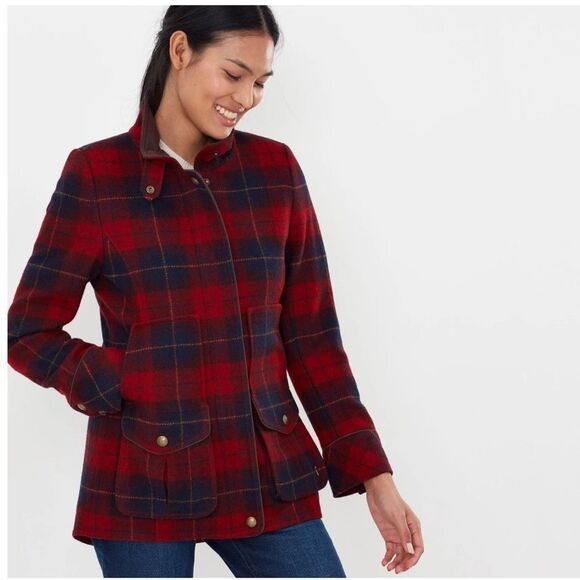 NWOT Joules Women's Red Plaid Fieldcoat Wool Blend Jacket Size 6 - Picture 1 of 6